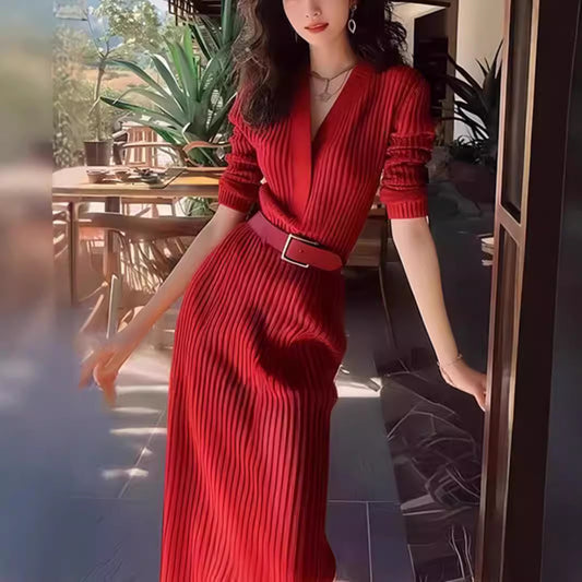Free shipping Tattoo Korean early autumn wear Ankola red hall style waist V-neck sweater dress children 2024 new