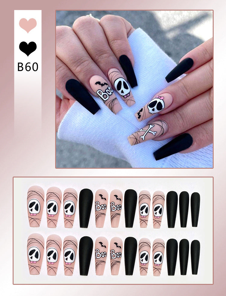 Fashion  nail Cross-Border Halloween Wear Armor Ghost Skull Pumpkin Bat Long 24 Pieces Fake Nail Patch Nail Sticker Wholesale