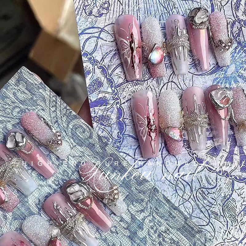 (Hand-Made Nail) Nail Fairy Flashing Pink Gradient Butterfly Chain Irregular Shell Gentle Blooming Handmade Wear Nail