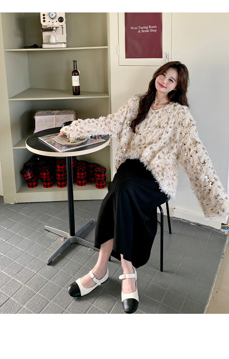 Fashion women's wear Real Shot Shiny Annual Meeting Festival Atmosphere Handmade Sequined Feather V-neck Sweater Spring Inner Wear Sweet Dress