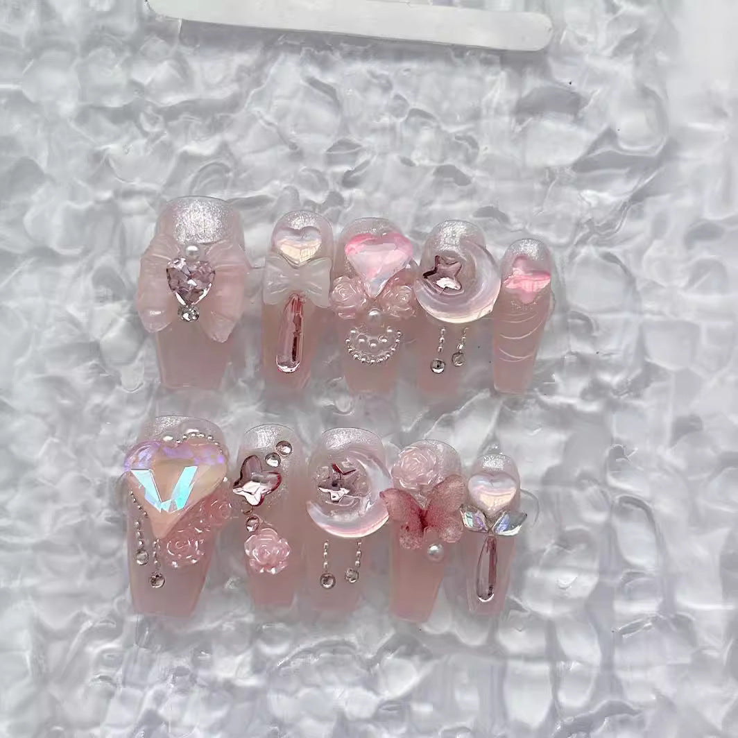 (Hand-Made Nail) Pure Desire Clear Feeling Gentle Fairy Girl Pile Rhinestone Nail Stickers Fake Nail Patch Wear Nail Tip Finished Product Detachable