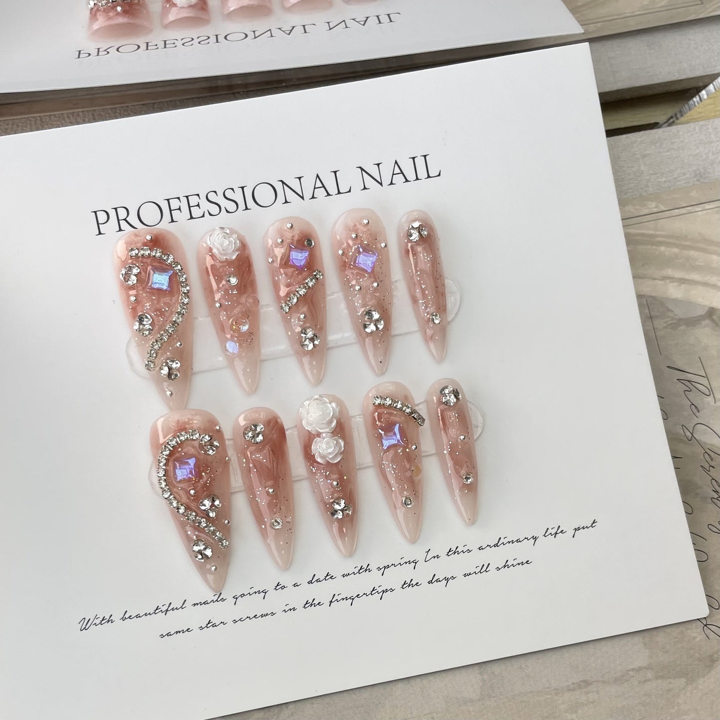 (Hand-Made Nail) 333 Handmade Phototherapy Wear Nail Almond Nail Full Diamond Camellia Wear Nail Finished Product Repeated Use Nail Art