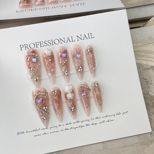 (Hand-Made Nail) 333 Handmade Phototherapy Wear Nail Almond Nail Full Diamond Camellia Wear Nail Finished Product Repeated Use Nail Art