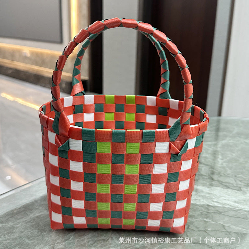 Dopamine Bag Free shipping Tattoo Cartoon dopamine plastic woven bag, trendy macaron hand-woven vegetable basket bag, cute casual seaside beach bag