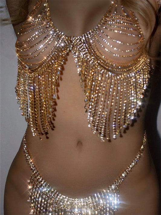 Fashion jewelry, cross-border accessories from Europe and America, sexy rhinestones, tassels, geometric body chains, beach spicy girls, sweet and cool bikini chest chains, nightclubs
