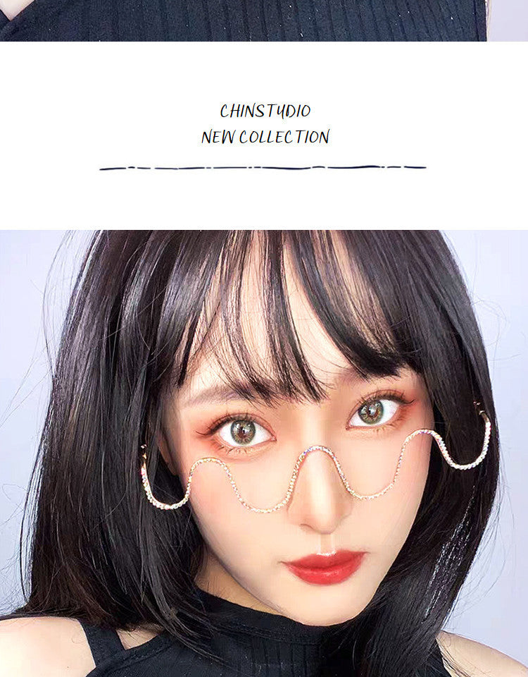 Women's fashion glasses波浪镶钻ins无镜片凹造型网红眼镜框架潮个性装饰线条显瘦素颜镜