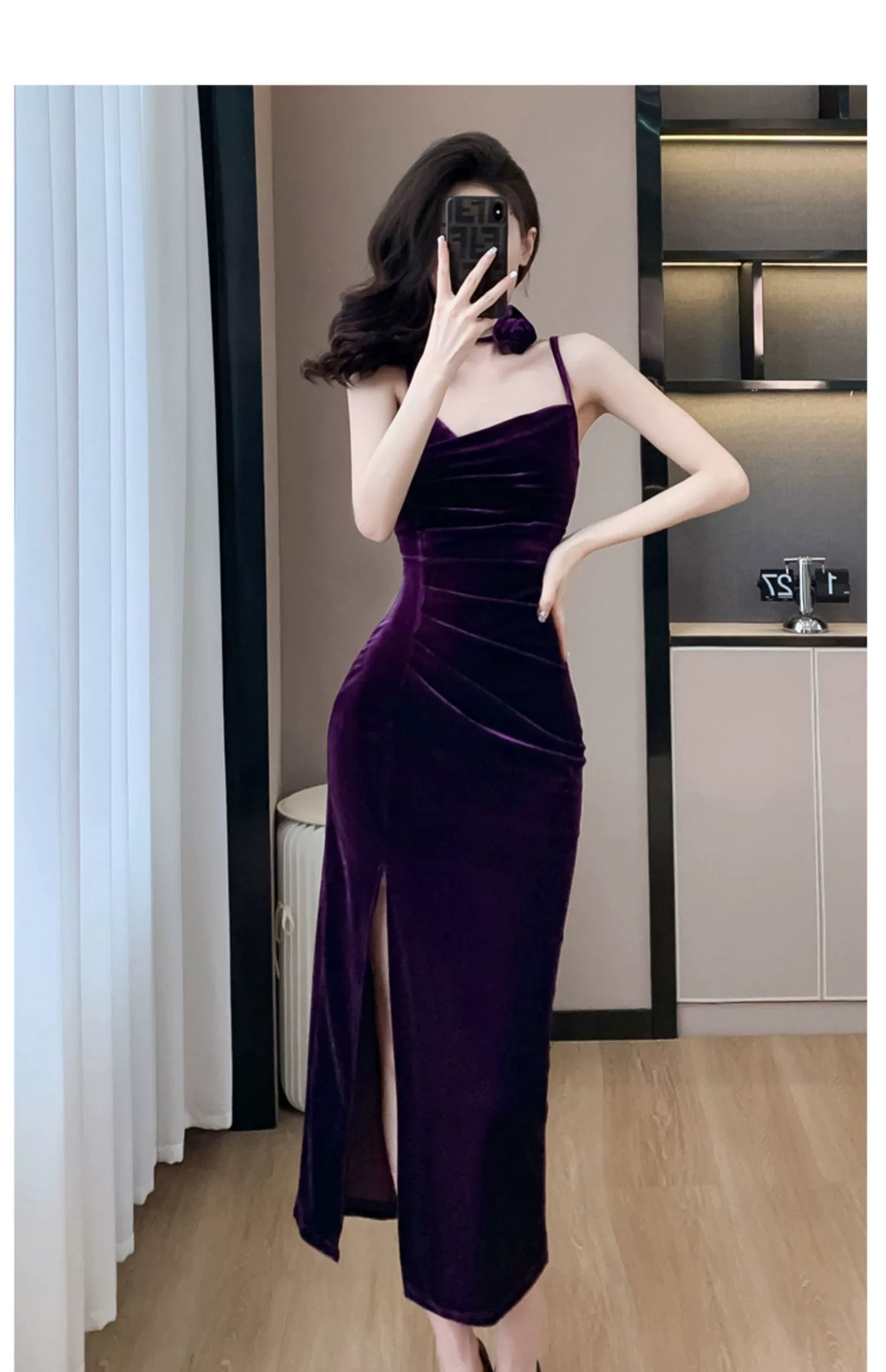 Fashion women's wear French Style Adult Lady like Woman Pleuche Spaghetti-Strap Dress Women's High-Grade Red Evening Dress 2024 Spring Women's Clothes Long Dress