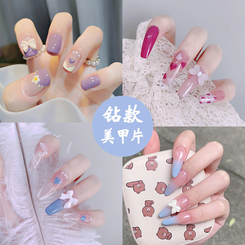 带钻款碎钻蝴蝶结美甲贴片穿戴甲假指甲美甲成品指甲贴片批发甲片