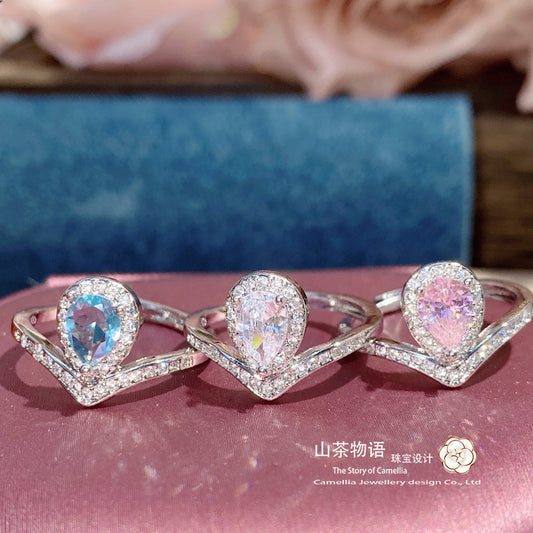 Camellia简约仿海蓝托帕戒指女 镀金微镶满钻水滴冲冠引流食指戒