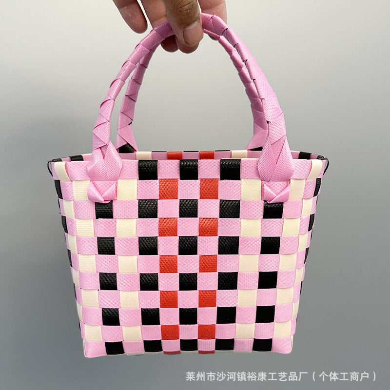 Dopamine Bag Free shipping Tattoo Cartoon dopamine plastic woven bag, trendy macaron hand-woven vegetable basket bag, cute casual seaside beach bag