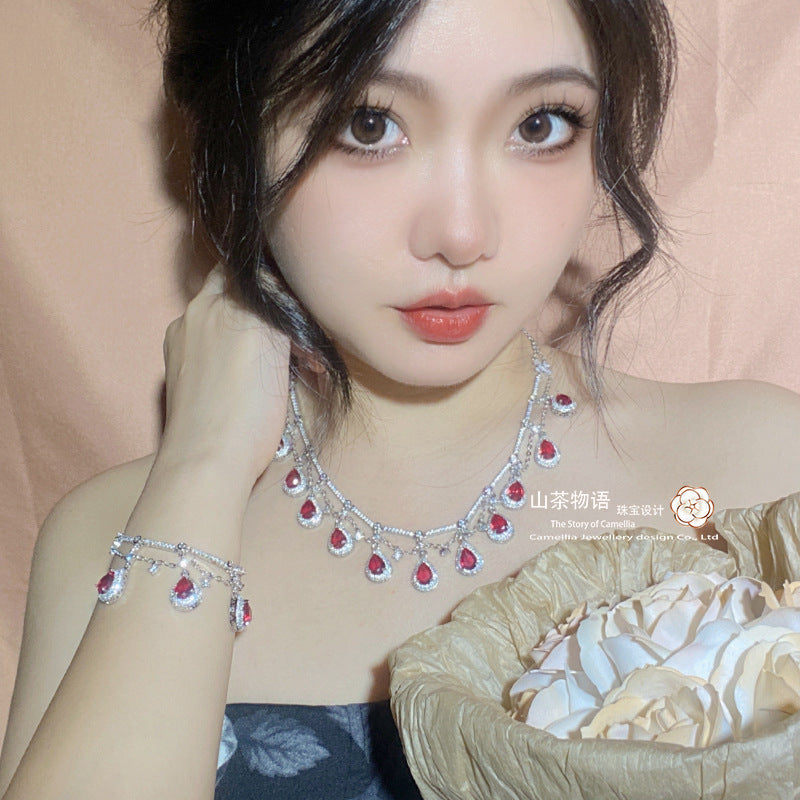 Camellia法式复古仿鸽血红宝石套装女镶钻高端红刚玉流苏超仙项坠