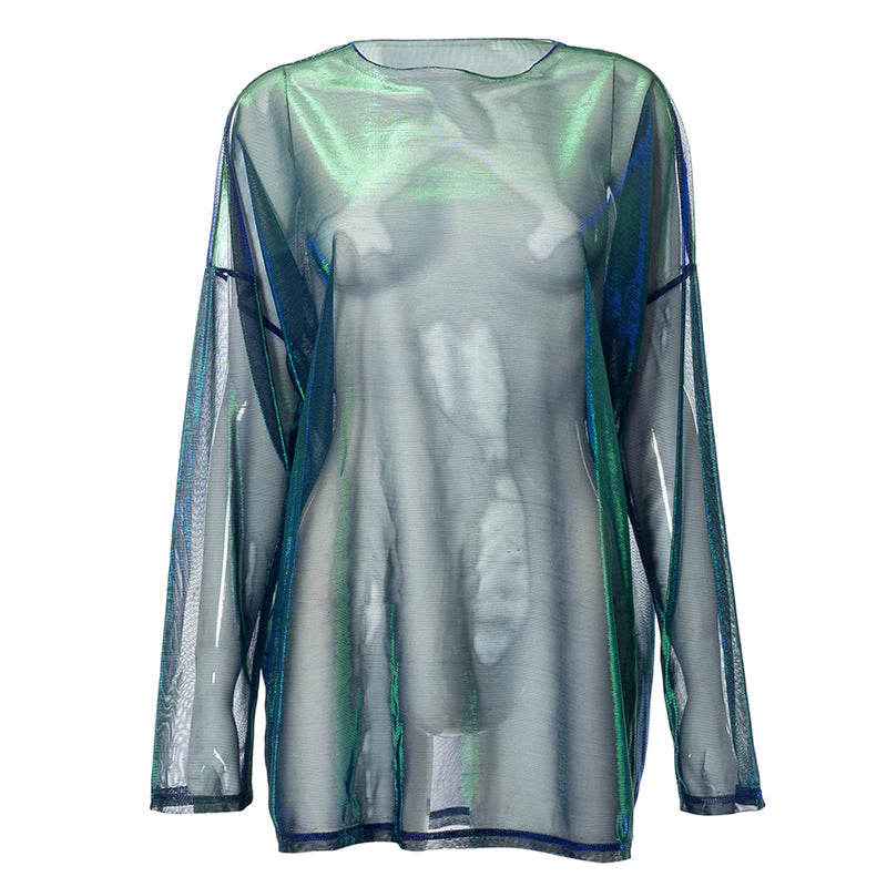 Fashion women's wear D21tp425 Cross-Border Autumn New Solid Color round Neck Pullover Long Sleeve Mesh Micro Transparent Casual Women's Top
