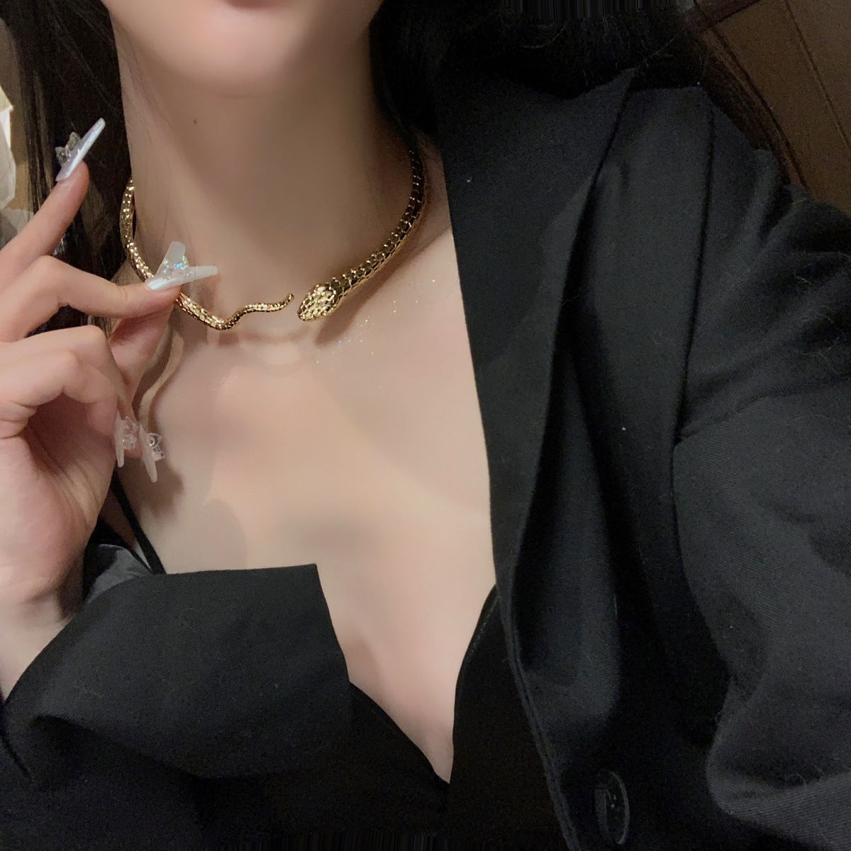 镶钻朋克风金属蛇形项链辣妹甜酷风气质颈链小众设计感饰品批发女