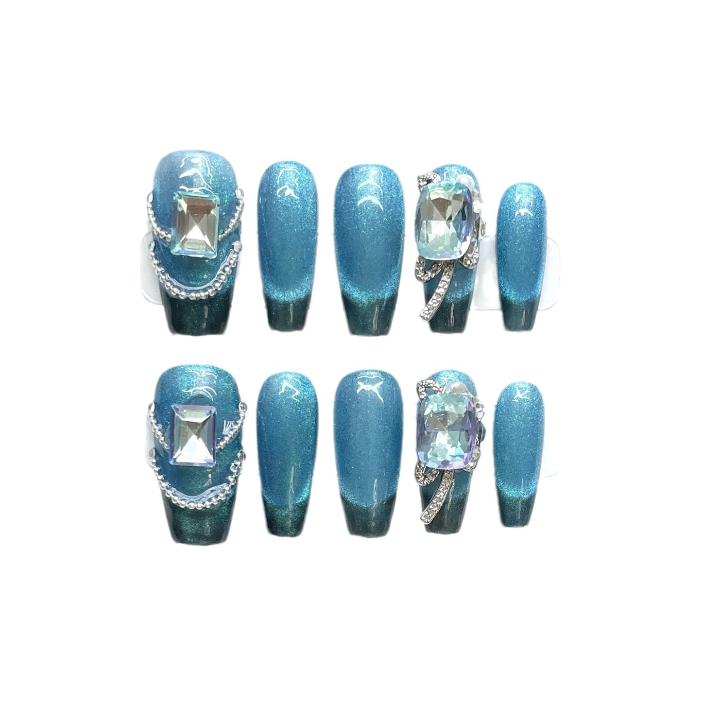 (reusable nail)"Hand-made real shot" blue mine cat's eye hand-worn nail stickers long white advanced detachable.