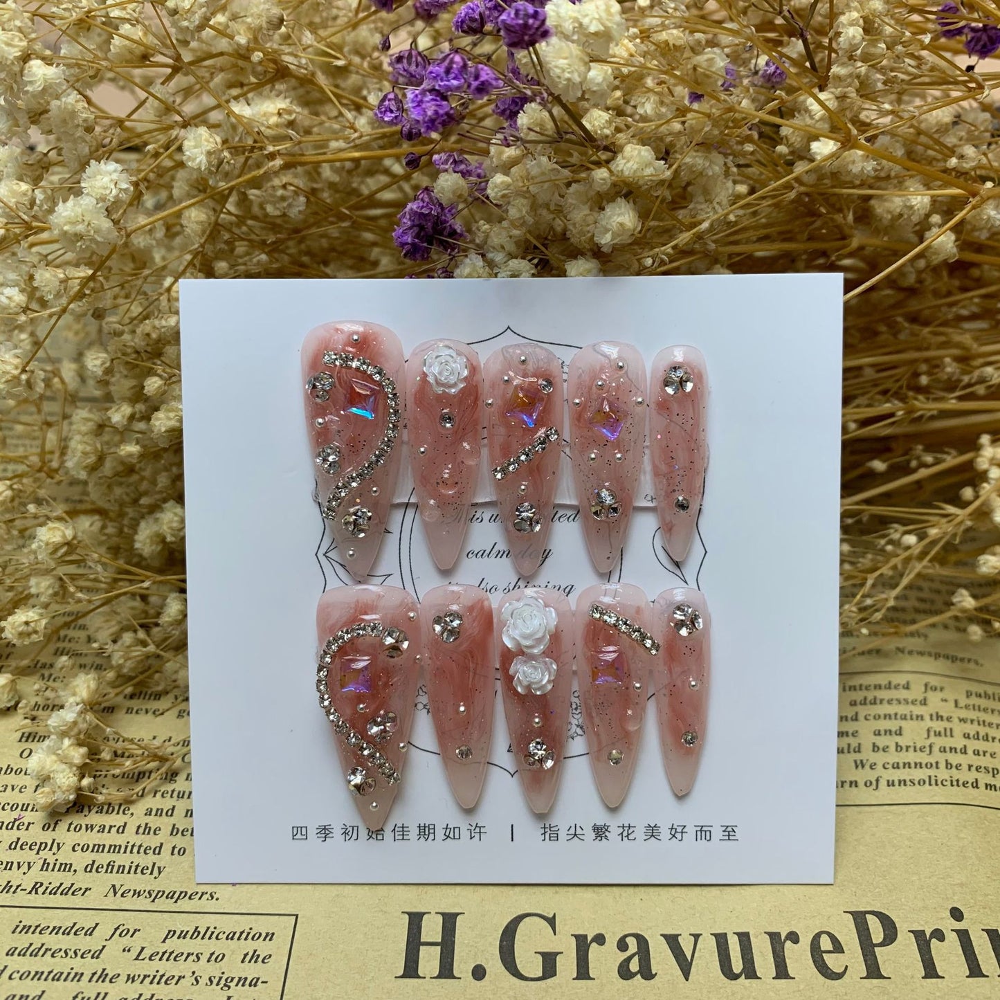 (Hand-Made Nail) 333 Handmade Phototherapy Wear Nail Almond Nail Full Diamond Camellia Wear Nail Finished Product Repeated Use Nail Art