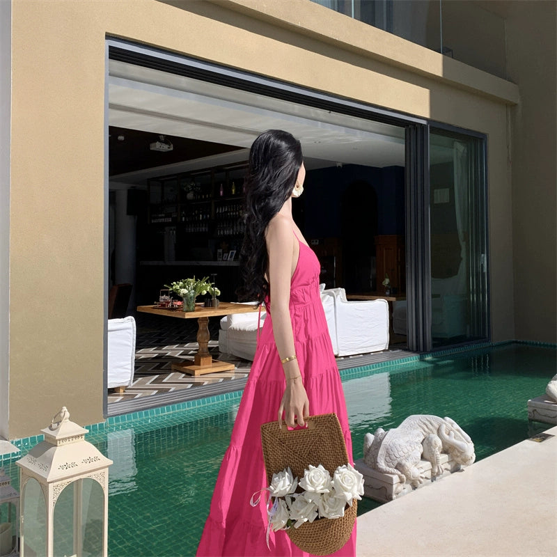 Fashion women's wear Yunnan Travel Photography Fairy Dress Orange Deep V-neck Backless Sling Dress Sanya Seaside Beach Skirt Female