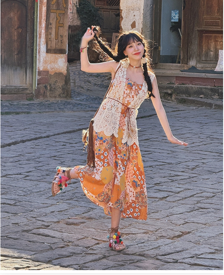 Dopamine dress Free shipping Tattoo Printed Suspender Dress Female Sweet Mori Vest Shawl Pastoral Summer Dopamine Seaside Dress
