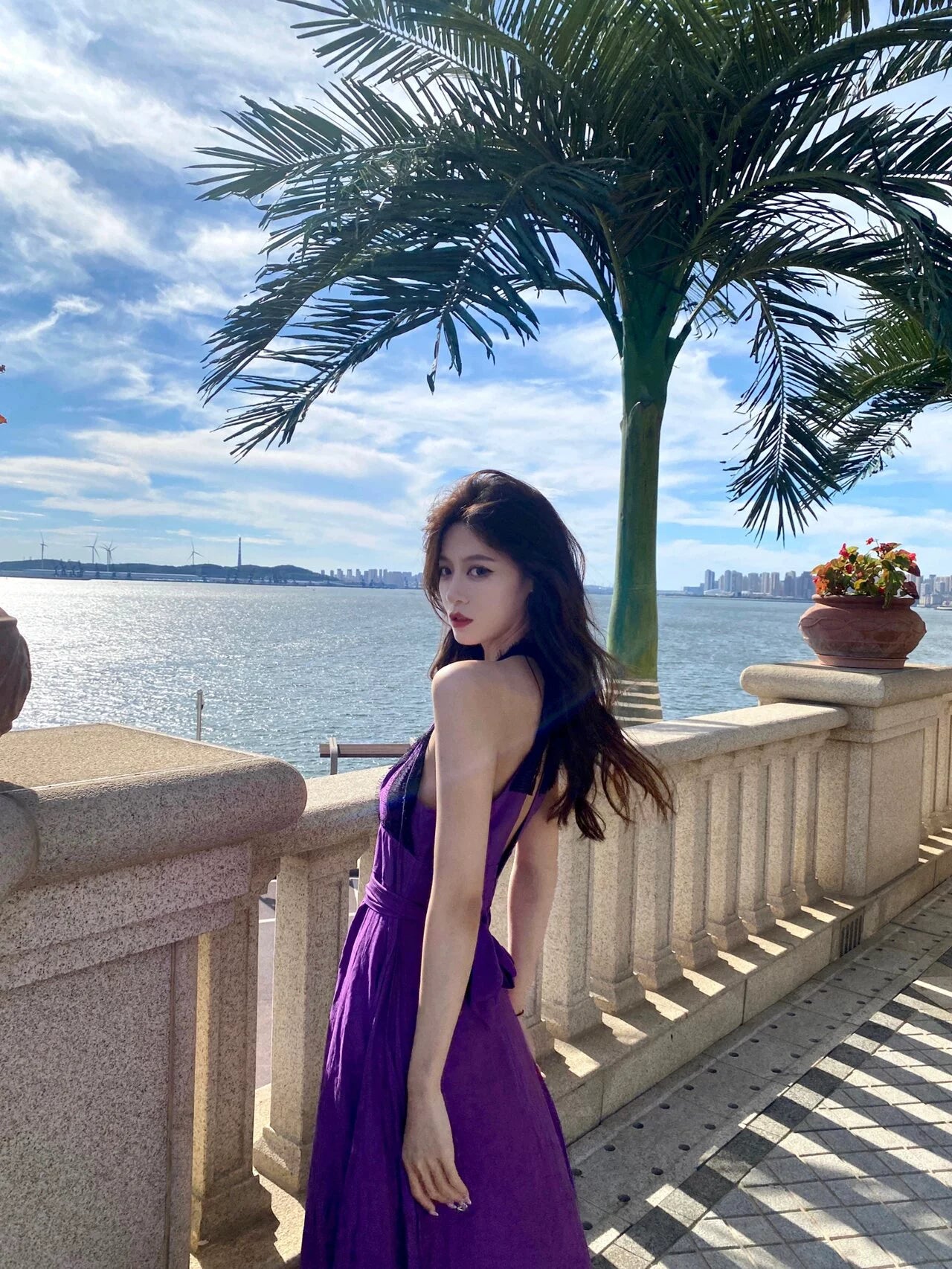 Fashion women's wear French Style High-Grade Lace Stitching Purple Strap Dress Women's Waist Slimming Seaside Vacation Beach Long Skirt