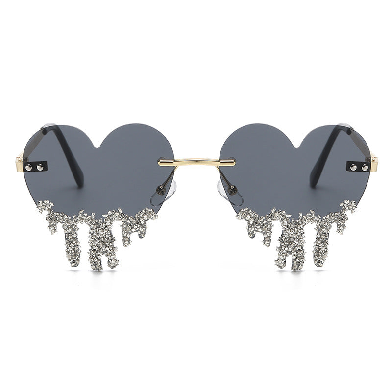 Women's fashion glasses 跨境个性爱心眼泪太阳镜女水钻无框趣味拍照墨镜高级感镶钻太阳镜