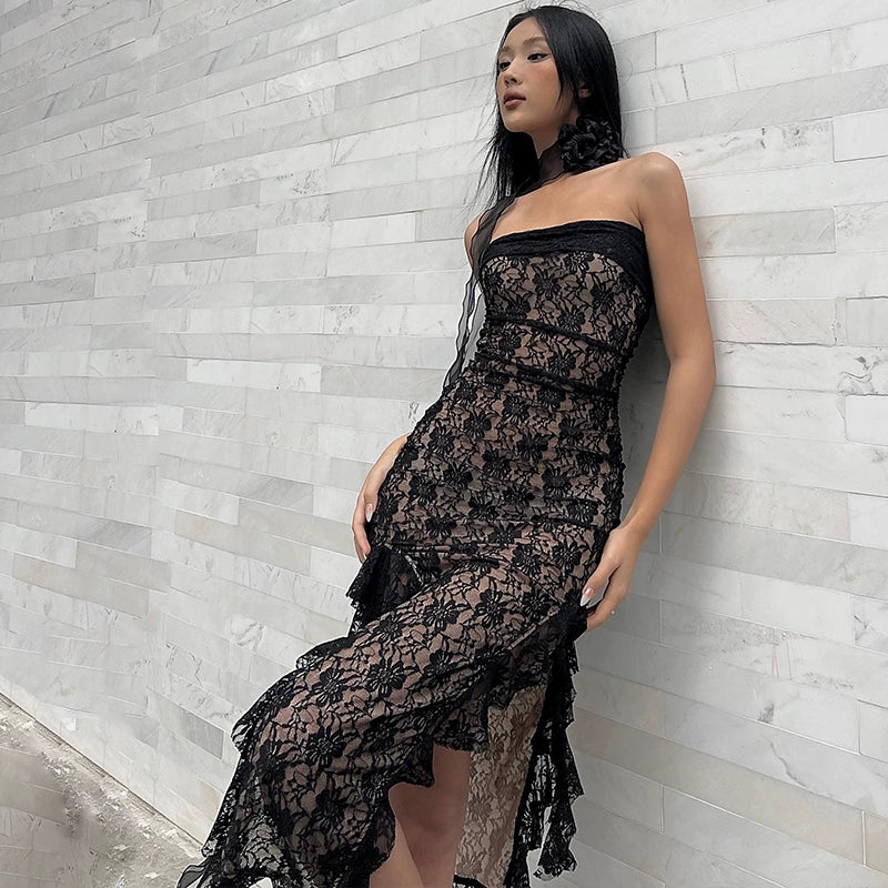Fashion women's wear Sexy Black Lace Tube Top Dress 2024 Spring and Summer New Hot Girl Slim Slimming Sheath Slit Midi Skirt