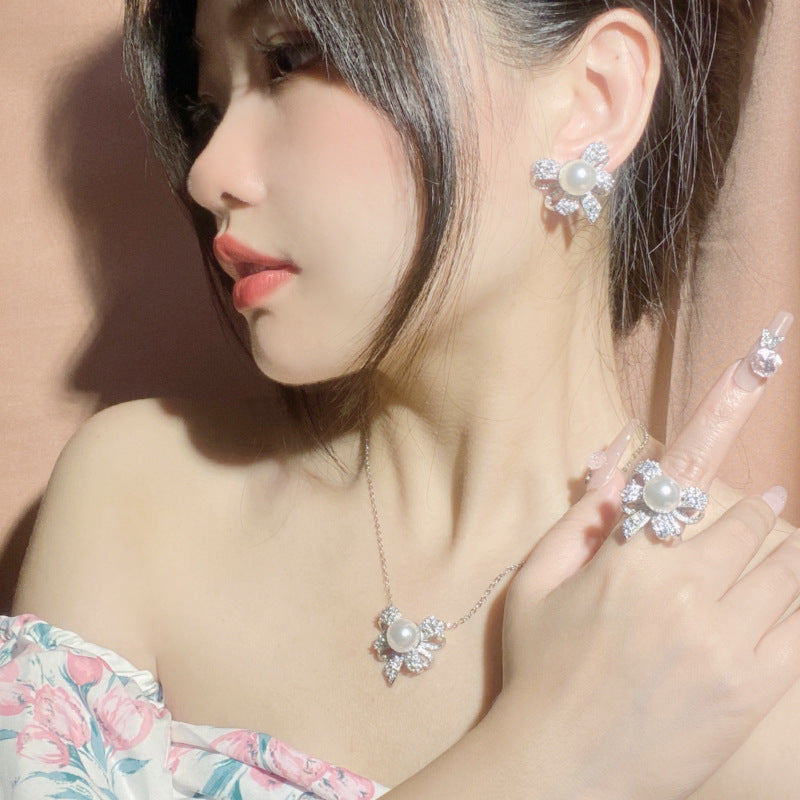 珠宝首饰山茶法式优雅超仙蝴蝶结珍珠套装女  镀金高级感独特立体设计戒指