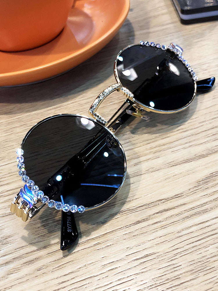 Women's fashion glasses 跨境款水钻复古圆形墨镜女小脸款港味太阳镜防紫外线素颜神器眼镜
