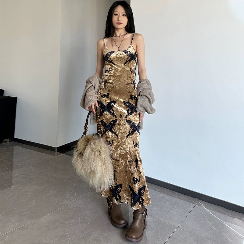 Fashion women's wear Wilderness Butterfly Printing Slip Dress 2024 Autumn New Hot Girl Sexy Slim Fit Slimming Sheath Dress