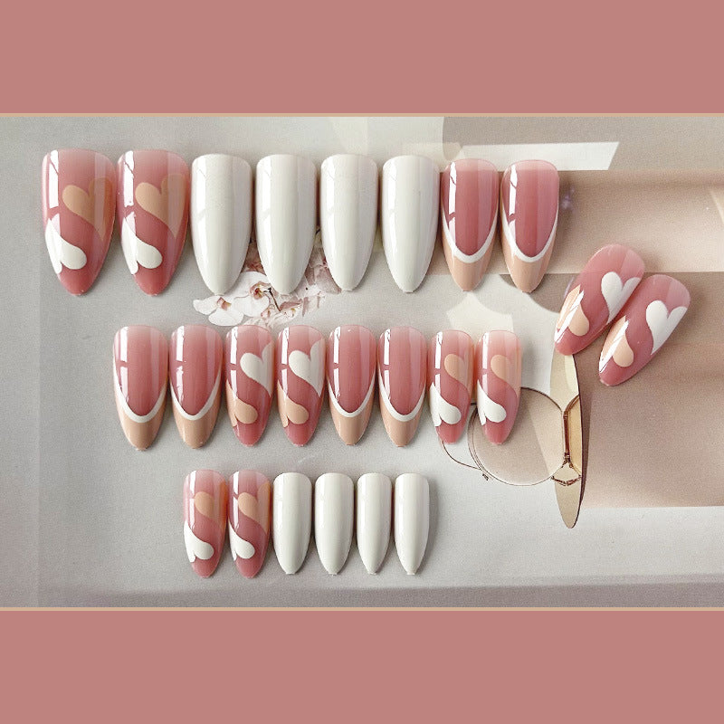 裸粉爱心穿戴甲法式nails 跨境美甲片外贸假指甲长尖甲型美甲贴片