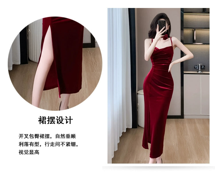 Fashion women's wear French Style Adult Lady like Woman Pleuche Spaghetti-Strap Dress Women's High-Grade Red Evening Dress 2024 Spring Women's Clothes Long Dress