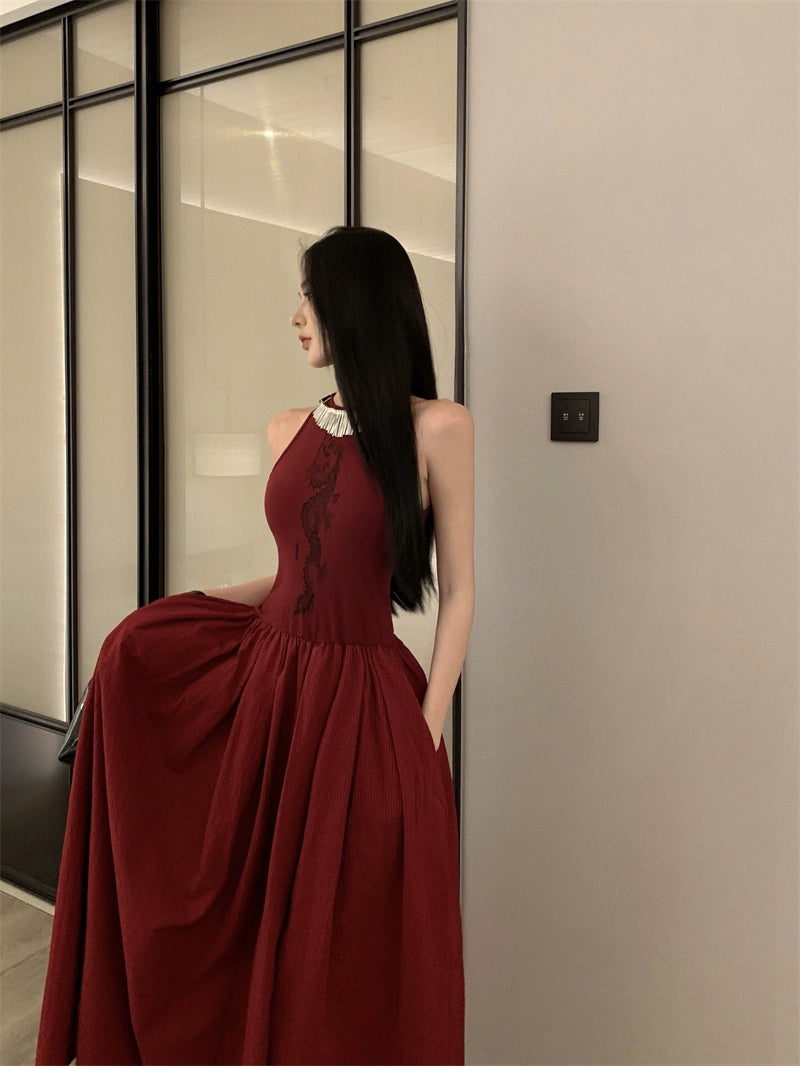 Fashion women's wear New Chinese Style Printed Sleeveless Dress Women's New Waist-Tight Elegant High-Grade Pettiskirt Autumn and Winter Formal Dress