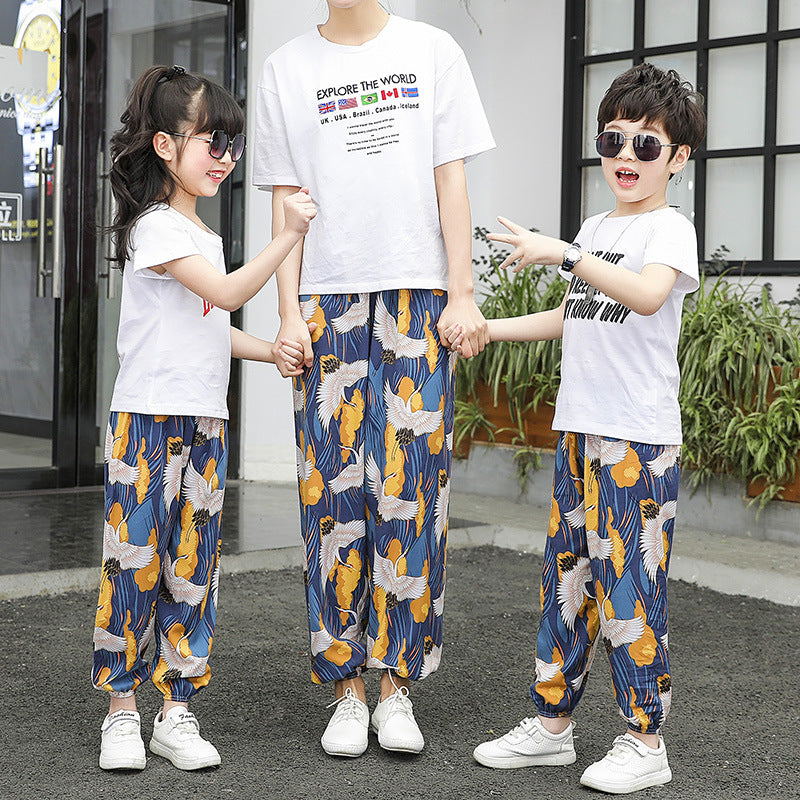 Free shipping   Summer women's mosquito pants made of cotton Thin bloomers for boys and girls Family pants Middle and small children Pajama pants