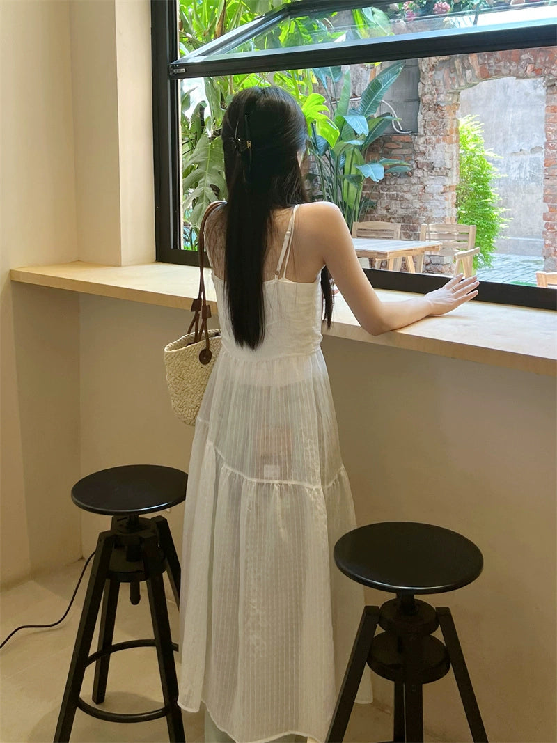 Fashion women's wear New American Style Bandage Dress Atmosphere Girls' Summer 2024 Mid-Length White High-End Beach Vest Dress