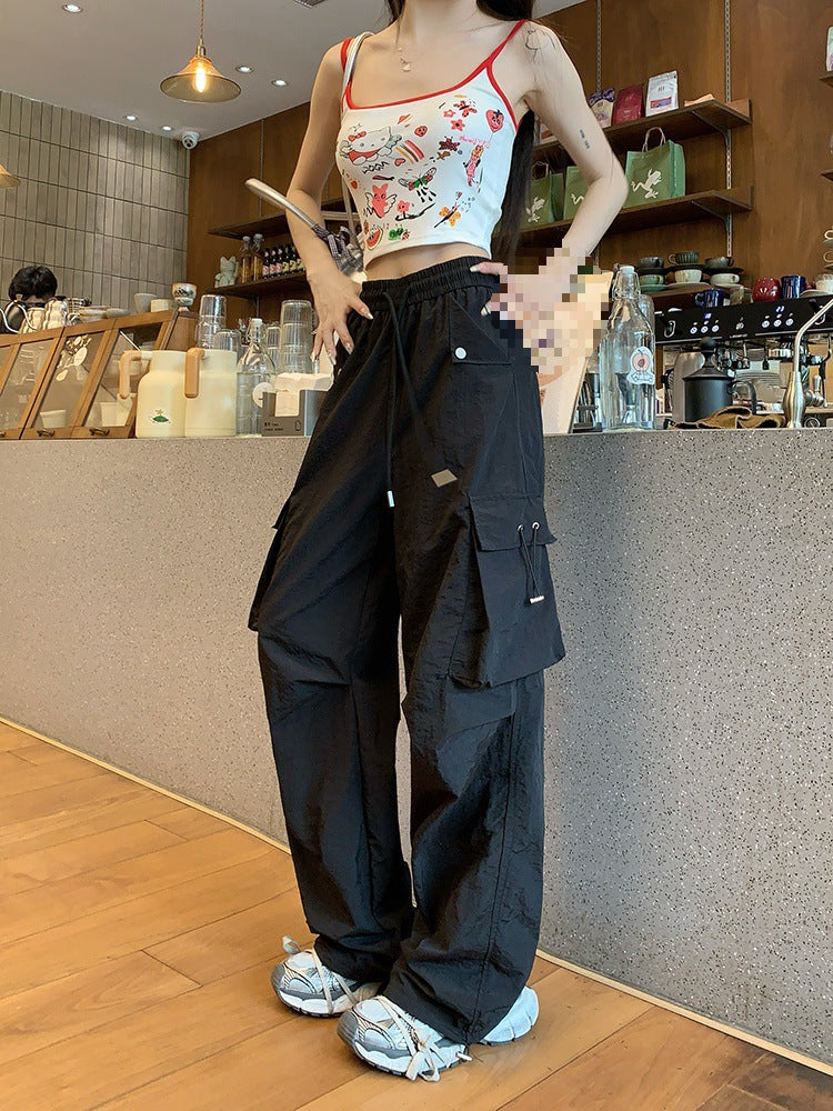 Dopamine pants Free shipping Tattoo Dopamine blue overalls women's summer American drawstring elastic waist casual pants sports tied feet wide-leg trousers