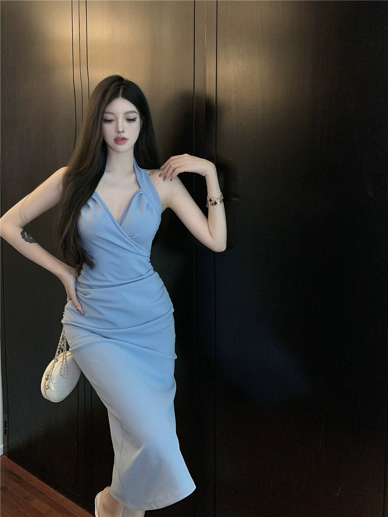 Fashion women's wear Sexy Hot Girl Elegant Halter V-neck Strap Dress Women's Summer New Pure Want to Tight Waist Sheath Mid-Length Skirt