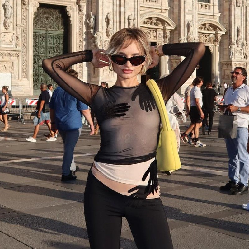 Free shipping  New Solid Color Mesh Splicing Velvet Palm Long Sleeve Perspective Navel Short tops