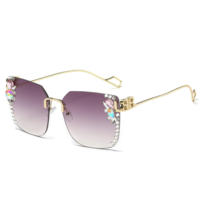 Women's fashion glasses 2022新款镶钻太阳镜女跨境B家无框切边时尚金属大框墨镜太阳眼镜