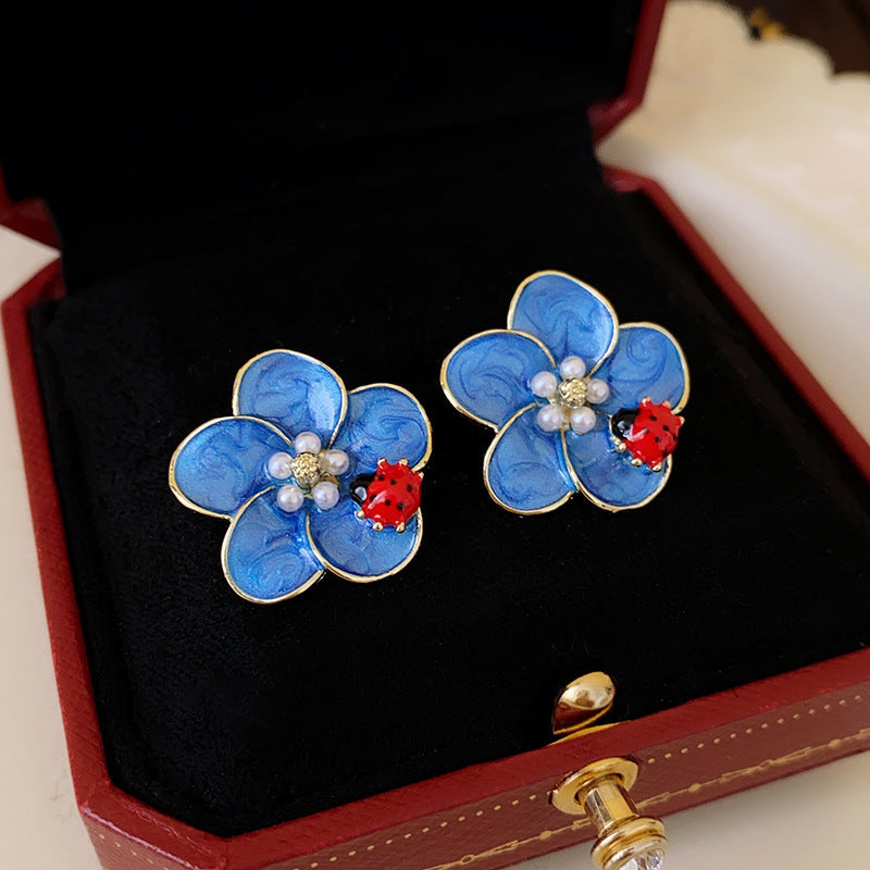 中古vintage耳环 925银针滴油花朵几何耳钉法式复古时尚气质耳饰