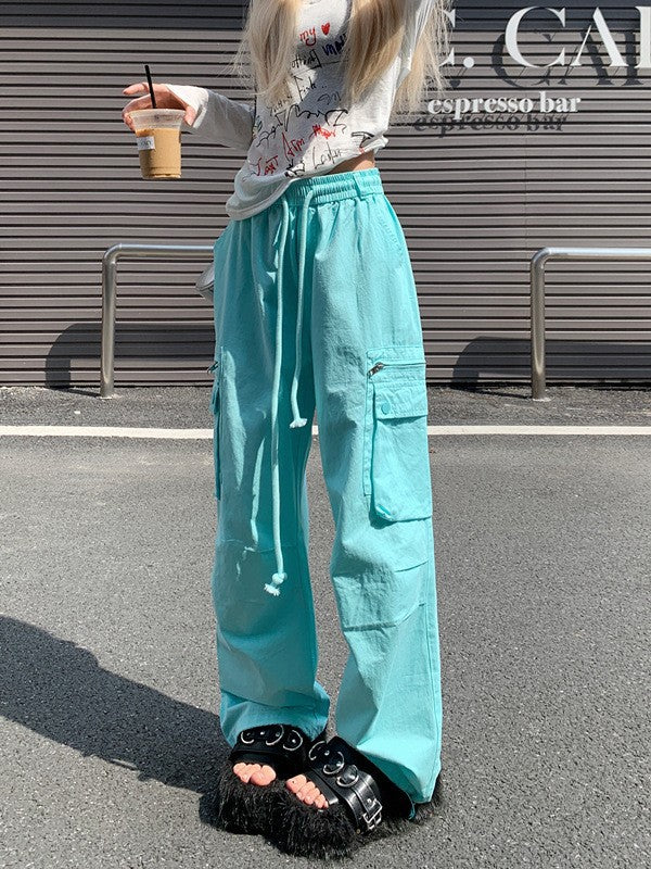 Dopamine pants Free shipping Tattoo American street overalls women's autumn new dopamine color pants loose straight wide-leg sports casual pants