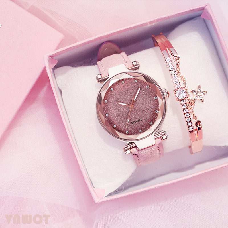 Fashion women's watchForeign Trade Popular Style Silver Pink Rhinestone Face Women's Watch Frosted Leather Watch Strap Women's Casual Trend Two-Piece Set Wrist Watch