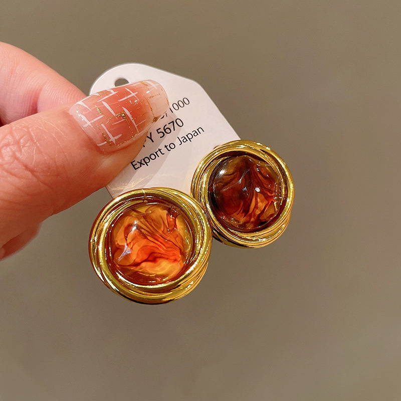 银针美拉德咖色虎眼石耳环女时尚百搭耳钉气质高级感轻奢耳饰批发