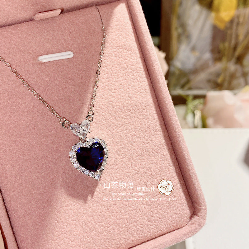 Camellia欧美Tiktok爆款仿坦桑蓝3件套 心形镶满钻耳环蓝刚玉戒指
