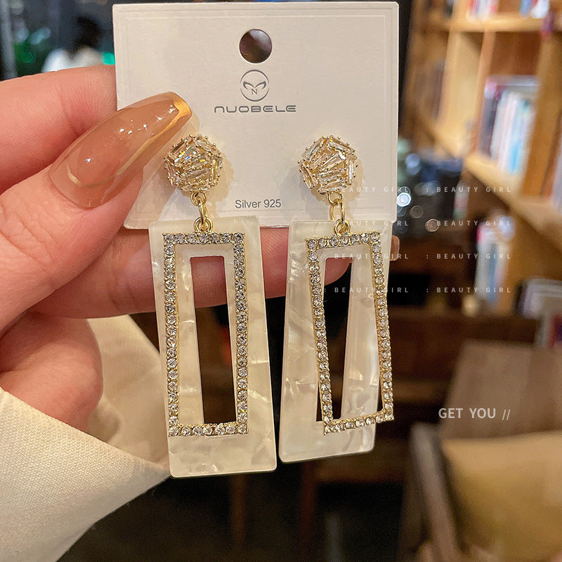 潮流银针镶钻方形耳环港风复古气质时尚耳钉个性简约设计感耳饰女