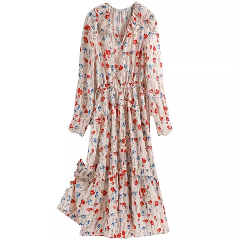Dopamine dress Free shipping Tattoo French Temperament Short Sleeve Muse Fan Bubble Sleeve Floral Dress Early Autumn Dopamine Wear Waist Skinny Skirt
