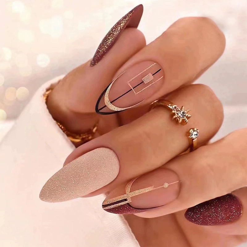 (Hand made nail) European and American Spicy Girl Super Long Instagram Dark Small Stand Retro Trapezoidal Shining Diamond Beauty False Nail Patch Detachable Wearable Nail