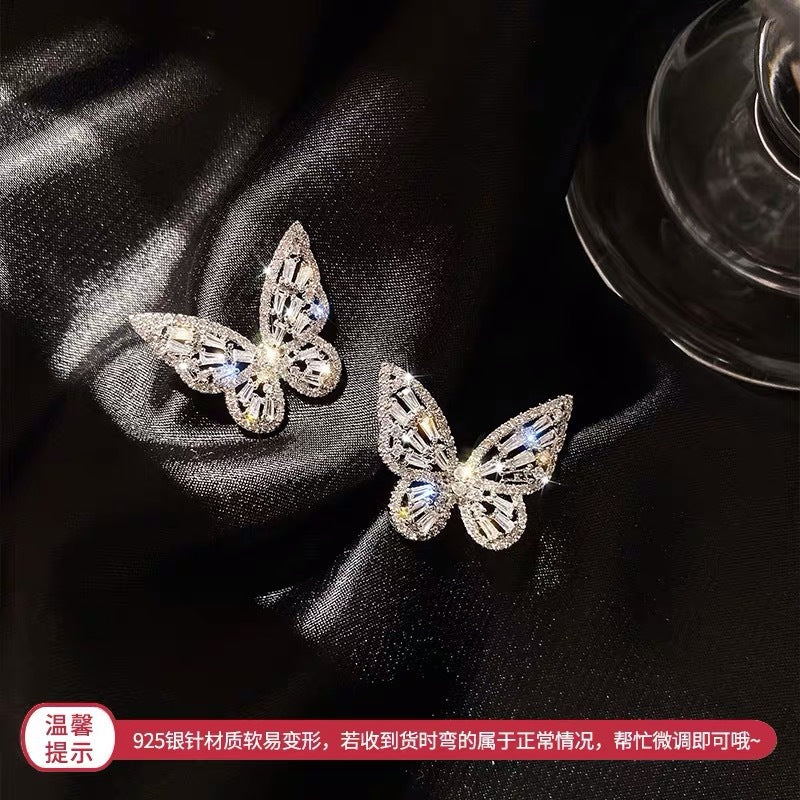 银针锆石蝴蝶耳钉 简约高级感时尚气质个性耳环 2023新款耳饰批发