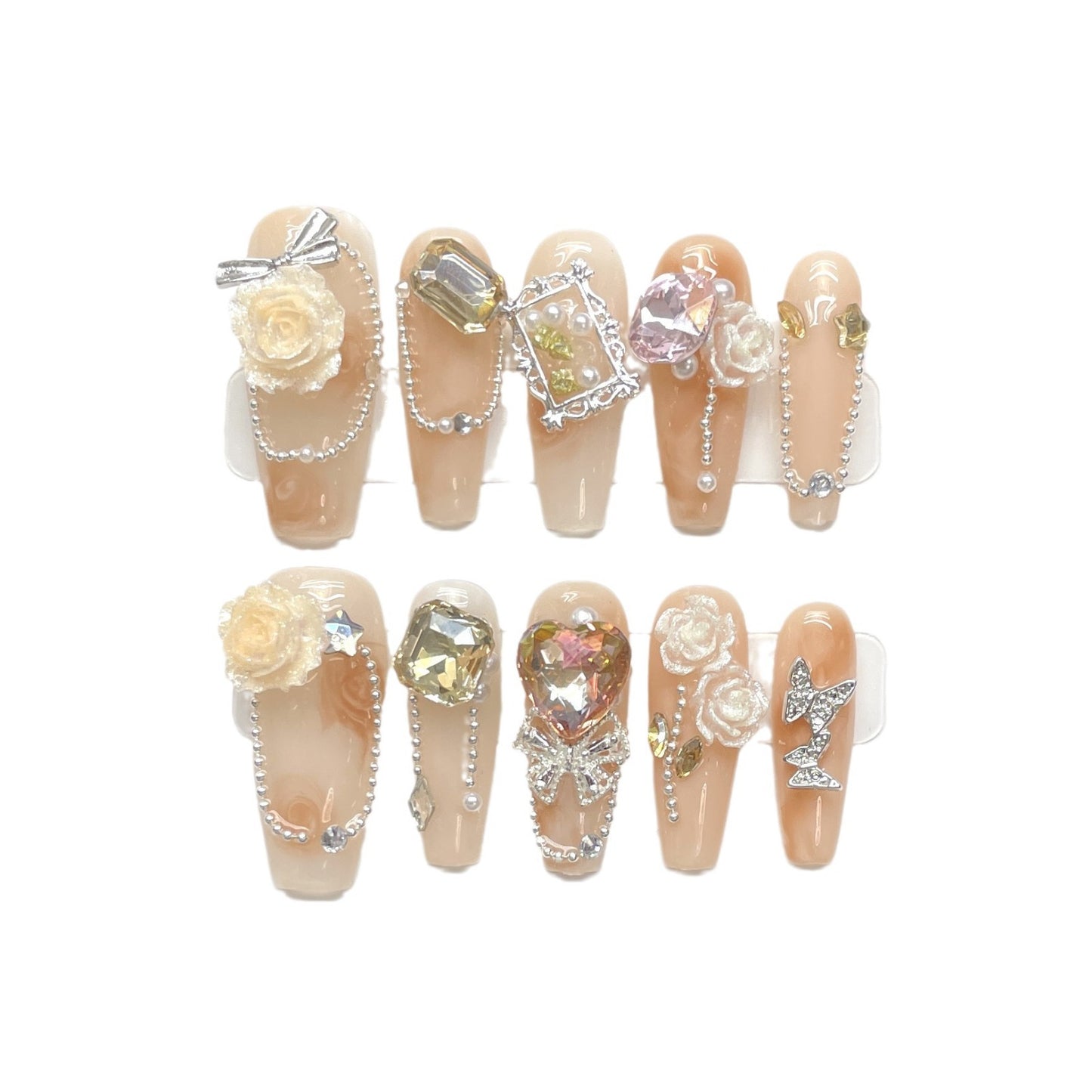 (Hand-Made Nail) Spring Full Garden Micro Carving Handmade Nail Painting Peony Princess Style White High-Grade Mid-Length Detachable