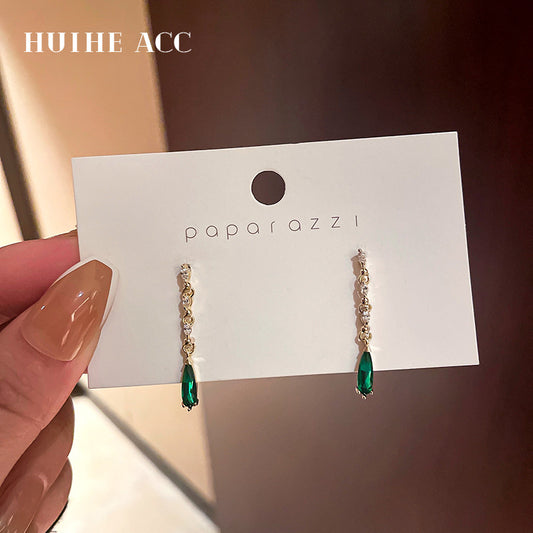银针镶钻祖母绿水滴耳环法式复古潮流感耳坠时尚简约气质耳饰女