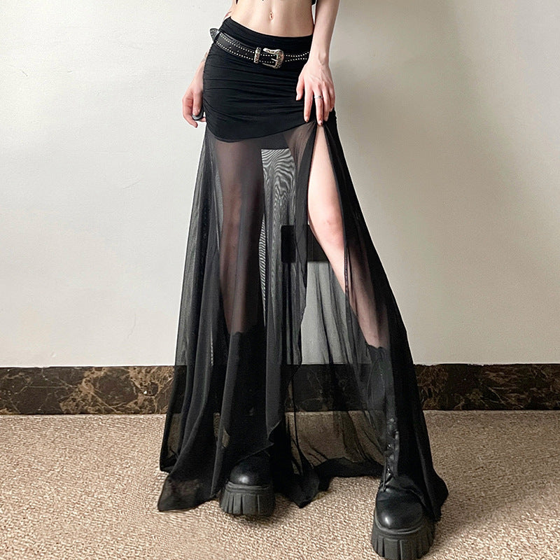 Free shipping  summer new women's clothing solid color slim-fit street fashion high-waisted gauze split skirt dress