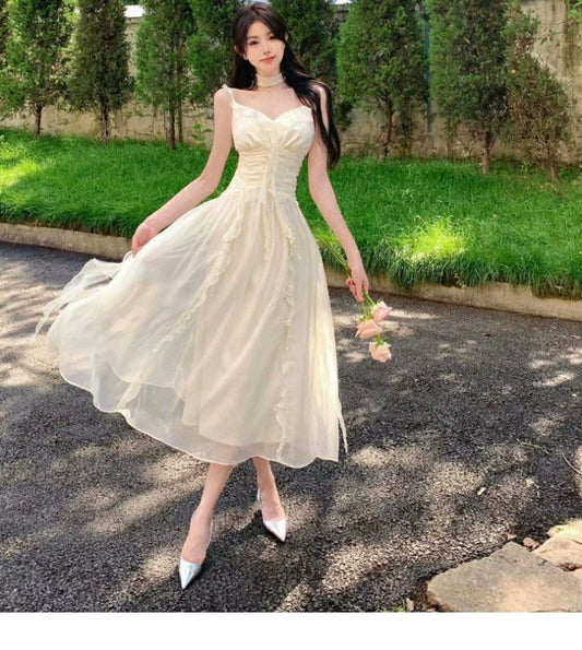 Fashion women's wear French Pure Desire Sexy White Ruffled Chiffon Sling Dress Fairy Seaside Vacation Escape Princess Long Dress