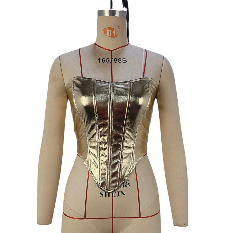 Free shipping Tattoo European and American women's clothing new 2024 summer fashion metal-colored waist top, sexy bottoming shirt, tube top, wholesale